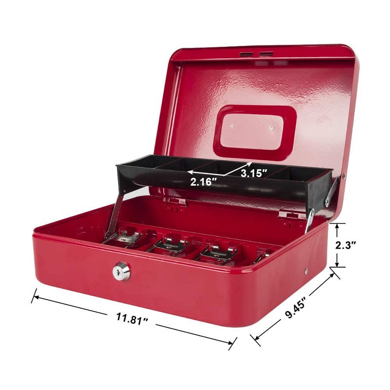 KYODOLED Locking Cash Box with Lock,Money Box with Cash Tray,Lock Safe Box with Key,Money Saving Organizer,11.81Lx 9.45Wx 3.54H Inches,Red XL Large - Image 4
